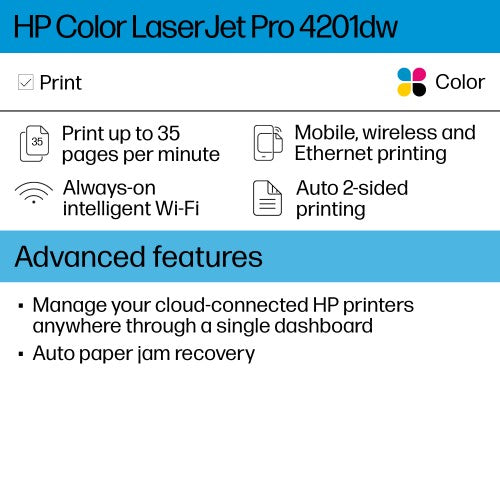 HP Color LaserJet Pro LaserJet Pro 4201dw Wireless Color Printer, Duplex