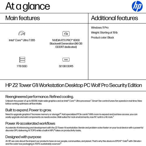 HP Z2 G1i Wolf Pro Security Edition Intel Core Ultra 7 265 32 GB DDR5-SDRAM 1 TB SSD Windows 11 Pro Tower Workstation AI Workstation, AI PC Black