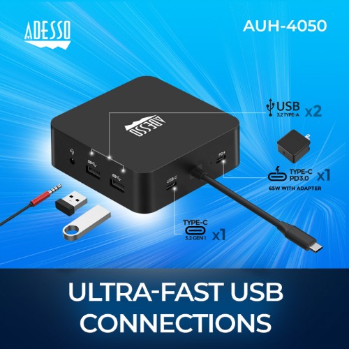Adesso AUH-4050 laptop dock/port replicator Wired USB 3.2 Gen 1 (3.1 Gen 1) Type-C Black