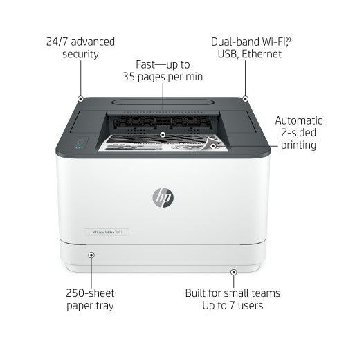 HP LaserJet Pro 3001dw Wireless Black and white Printer, Duplex