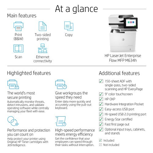 HP LaserJet Enterprise Flow LaserJet Enterprise M634h Multifunction Black and white Printer, Ethernet Only; Copier, Scanner