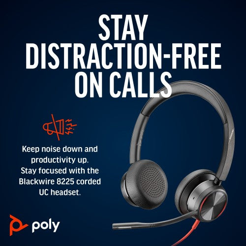 Poly Blackwire 8225 Stereo USB-C Headset +USB-C/A Adapter