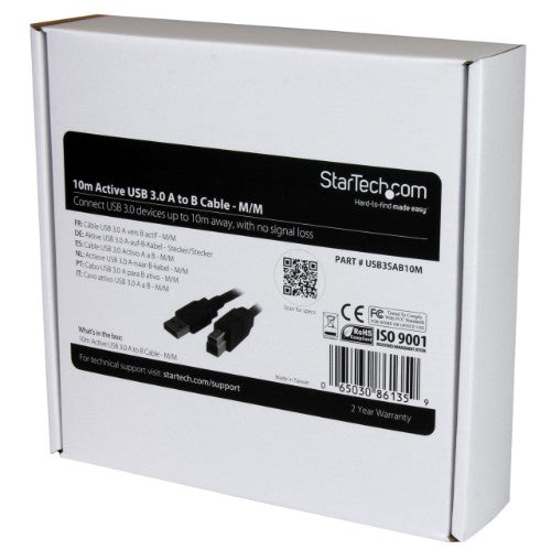 StarTech.com USB3SAB10M USB cable USB 3.2 Gen 1 (3.1 Gen 1) 393.7" (10 m) USB A USB B 5 Gbit/s Black
