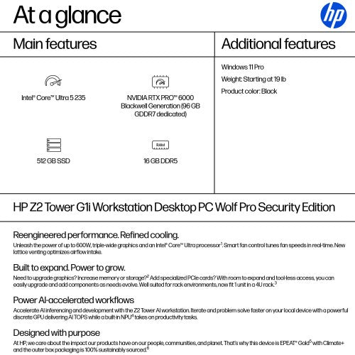HP Z2 G1i Wolf Pro Security Edition Intel Core Ultra 5 235 16 GB DDR5-SDRAM 512 GB SSD Windows 11 Pro Tower Workstation AI Workstation, AI PC Black