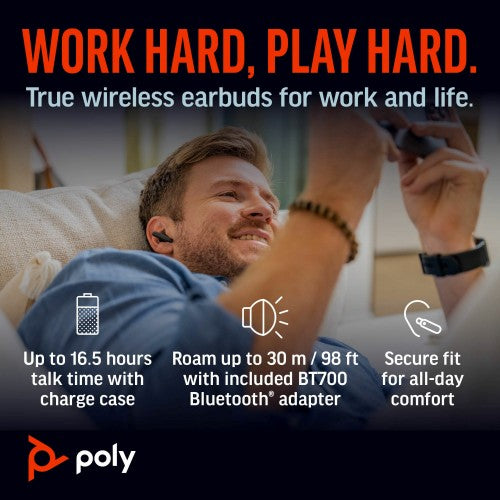 HP Poly Poly Voyager Free 60+ UC Carbon Black Earbuds +BT700 USB-C Adapter +Touchscreen Charge Case