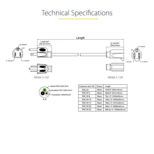 StarTech.com PAC10115 power cable Black 181.1" (4.6 m) NEMA 5-15R NEMA 5-15P