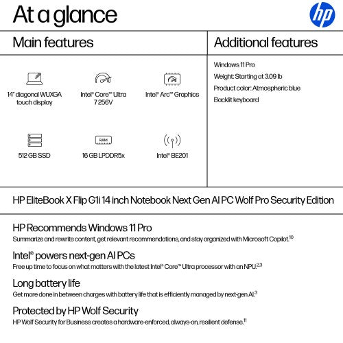 HP EliteBook X Flip G1i AI PC Copilot+ PC Intel Core Ultra 7 256V Hybrid (2-in-1) 14" Touchscreen WUXGA 16 GB LPDDR5x-SDRAM 512 GB SSD Wi-Fi 7 (802.11be) Windows 11 Pro Silver