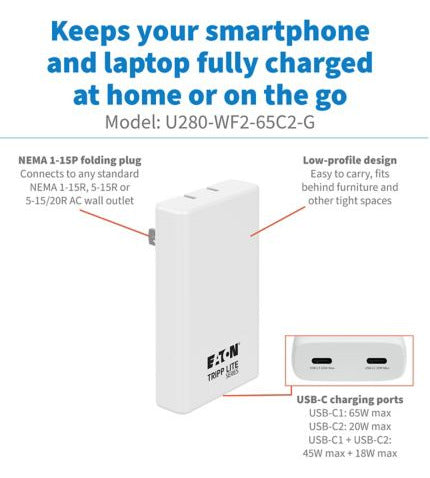 Eaton U280-WF2-65C2-G mobile device charger Laptop, Tablet, Smartphone White AC Indoor