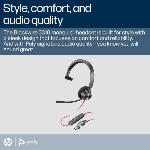 HP Poly Blackwire 3310 Monaural Microsoft Teams Certified USB-C Headset +USB-C/A Adapter