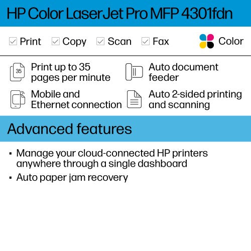 HP Color LaserJet Pro LaserJet Pro 4301fdn Multifunction Color Printer, Ethernet Only; Copier, Scanner