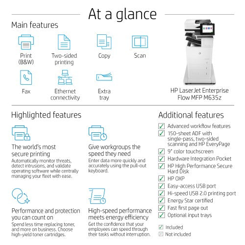 HP LaserJet Enterprise Flow LaserJet Enterprise M635z Multifunction Black and white Printer, Ethernet Only; Copier, Scanner